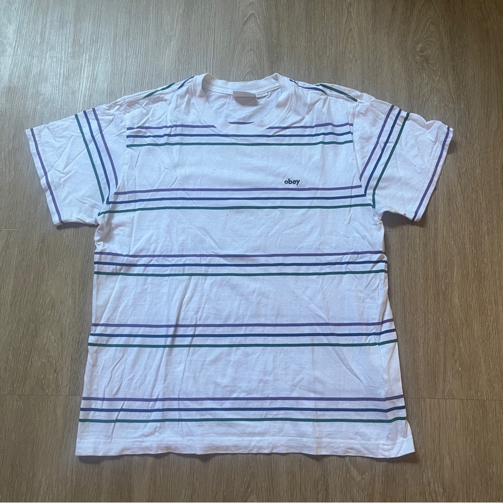 Obey Men's White Striped T-Shirt